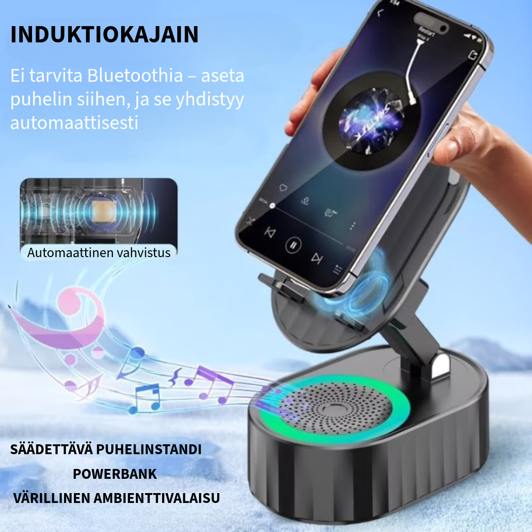 Puhelinteline, jossa on sisäänrakennettu kaiutin ja powerbank