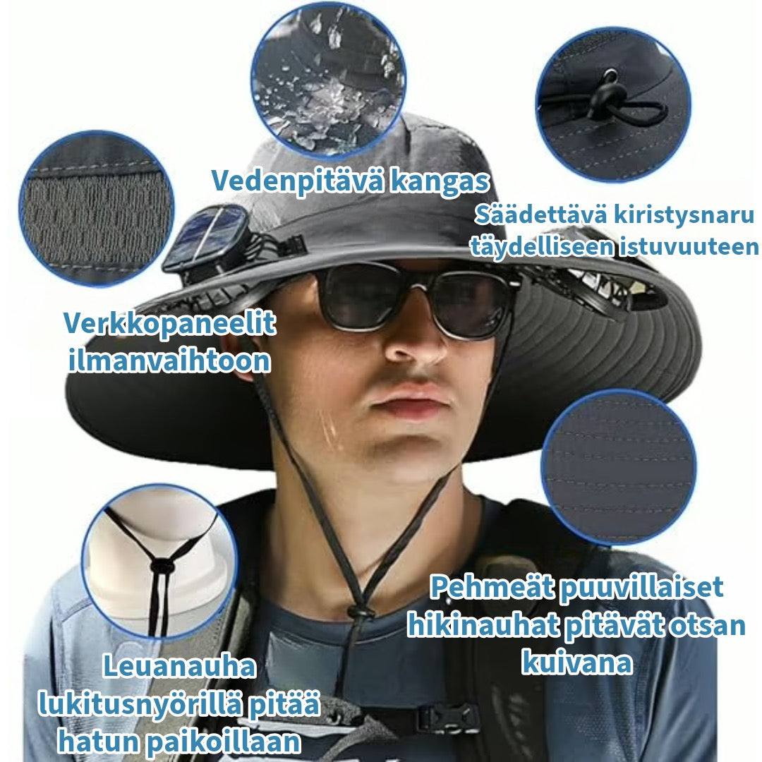 Erittäin kevyt aurinkohattu tuulettimella