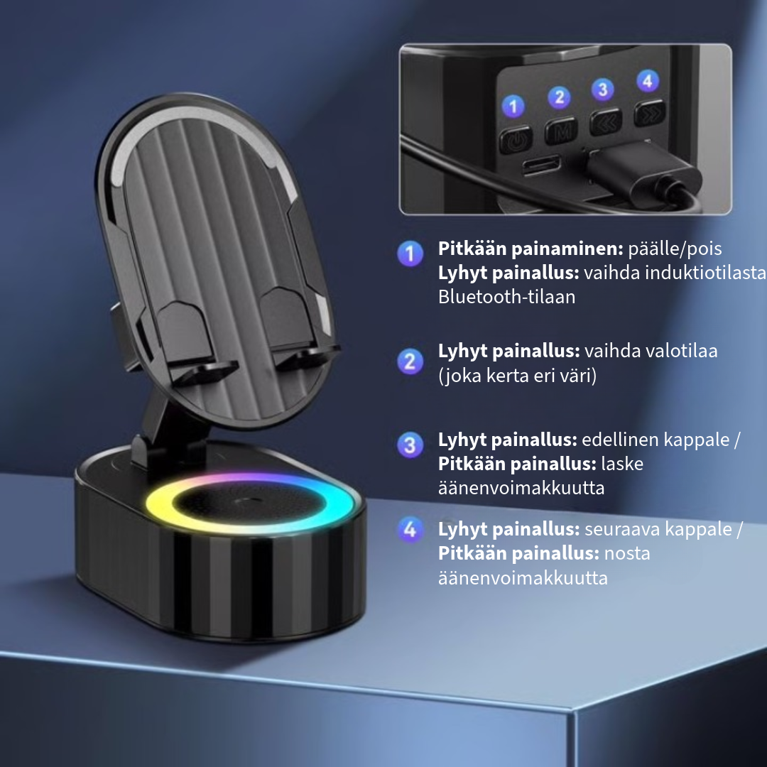 Puhelinteline, jossa on sisäänrakennettu kaiutin ja powerbank